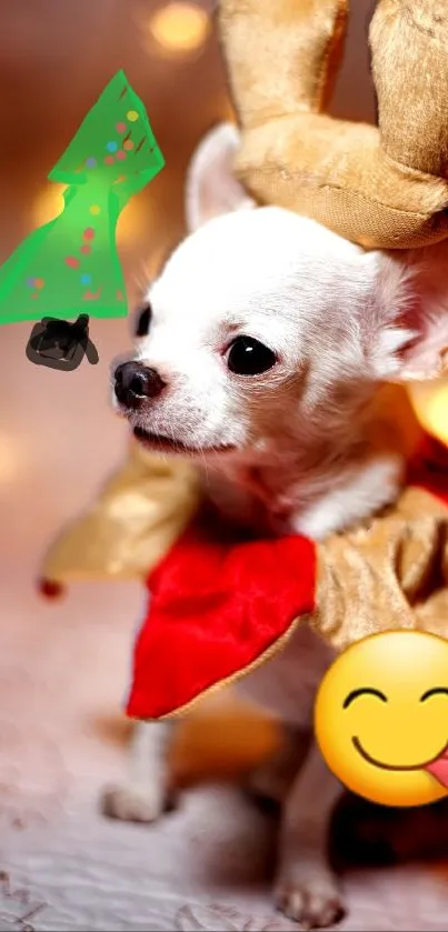 Chihuahua in reindeer costume with festive lights and emoji decoration.