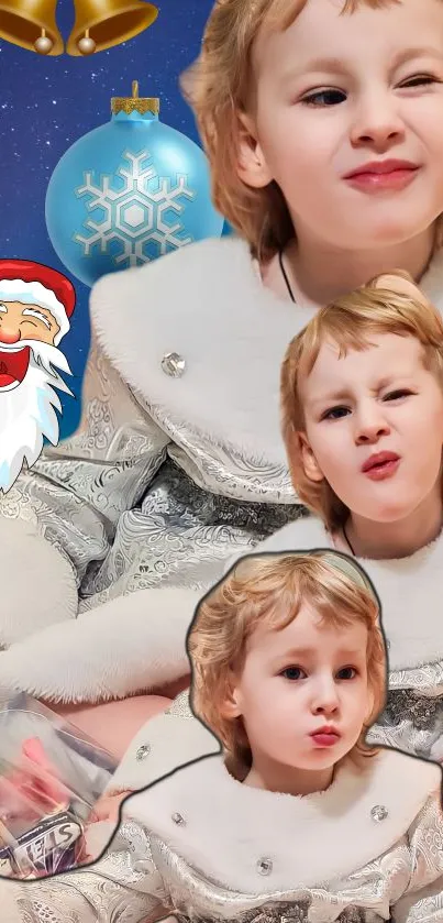 Festive child with Christmas theme elements on wallpaper.