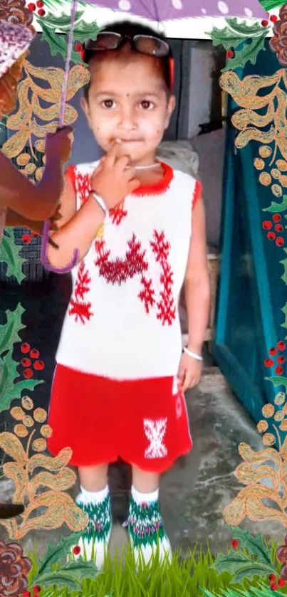 Festive child in holiday attire with colorful floral frame.