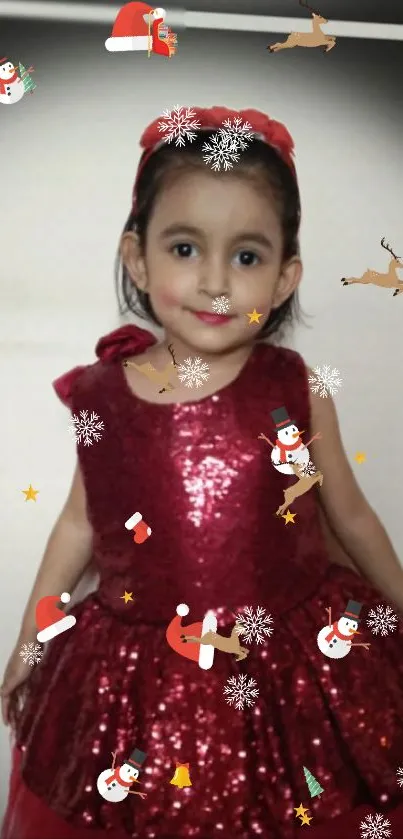 Festive child in red dress with holiday decorations.