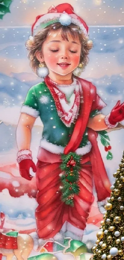 Child in festive attire with a Christmas tree.