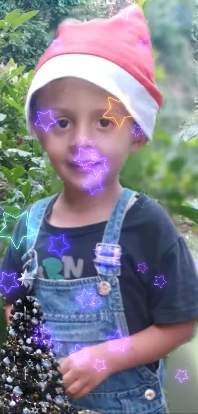 Child in Santa hat with colorful stars in a garden.