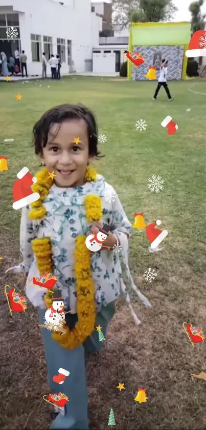 Festive child in garden with garland and winter decorations.