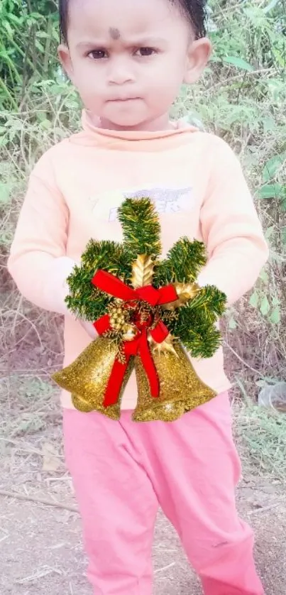 Child holding decorative bells in a festive setting.