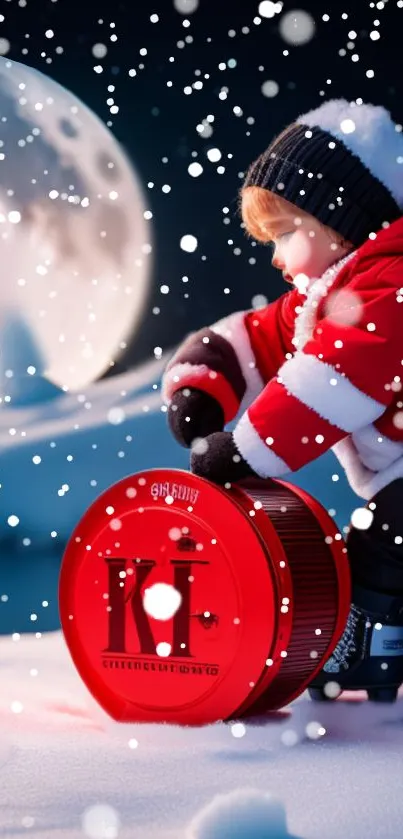 Child in red coat with snowflakes and full moon in winter scene.