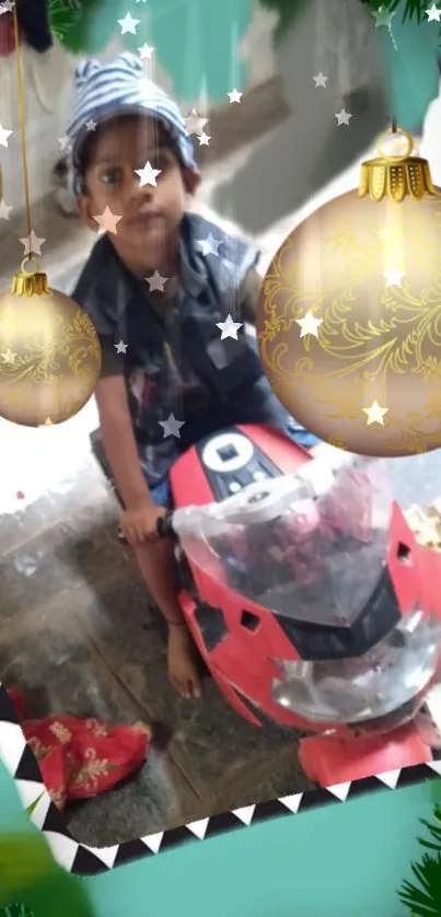 Child on a toy bike with festive decorations.