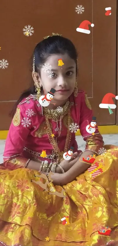 Child in traditional attire with festive decorations on colorful wallpaper.