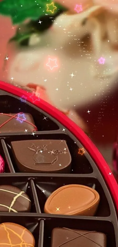 Festive chocolate assortment with stars and festive theme.