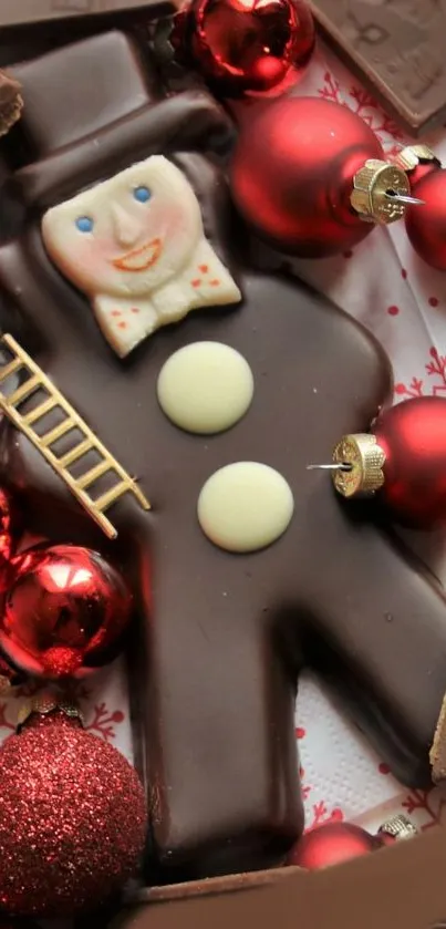 Festive wallpaper with chocolate figure and red Christmas ornaments.