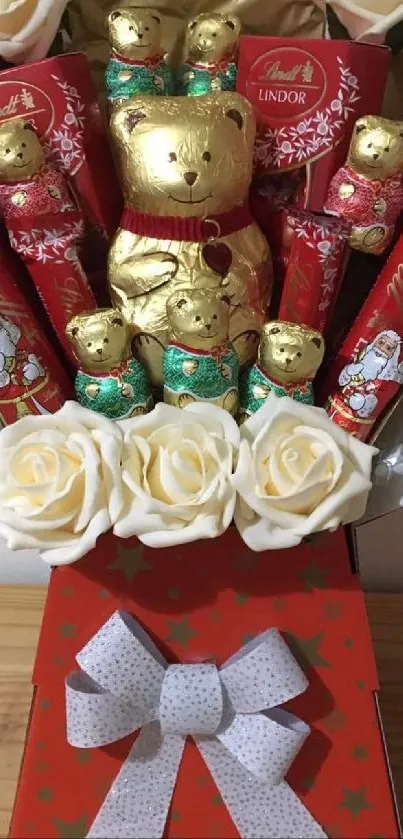 Luxurious chocolate bouquet with gold bears and red accents, perfect for gifting.