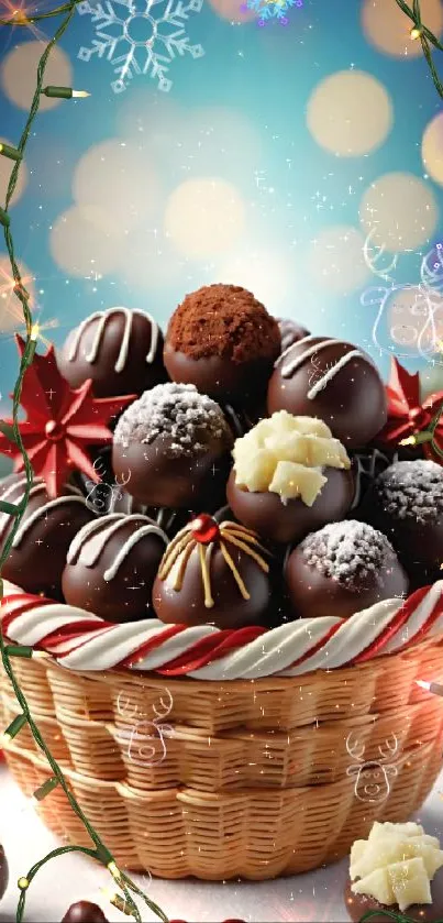 Festive basket of chocolate truffles with holiday decor.