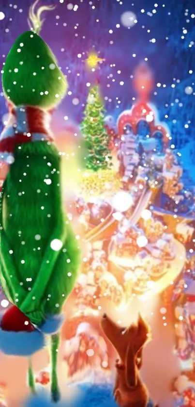 Festive green character with snowflakes in a Christmas village scene.