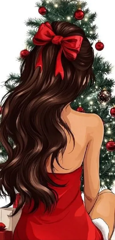 Anime girl in red dress with Christmas tree.