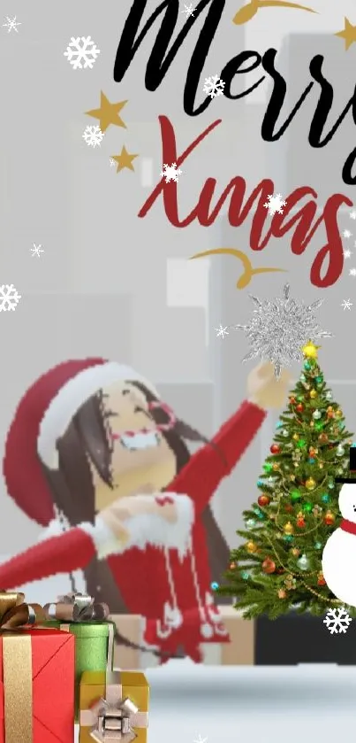 Christmas avatar with gifts and tree in snowy scene, perfect for mobile wallpaper.