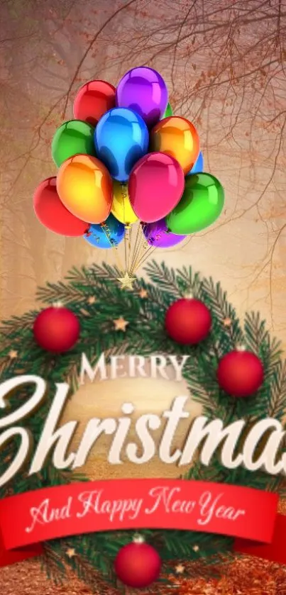 Vibrant Christmas wallpaper with balloons and wreath.