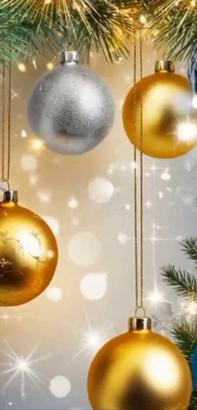 Festive mobile wallpaper featuring golden and silver Christmas baubles.