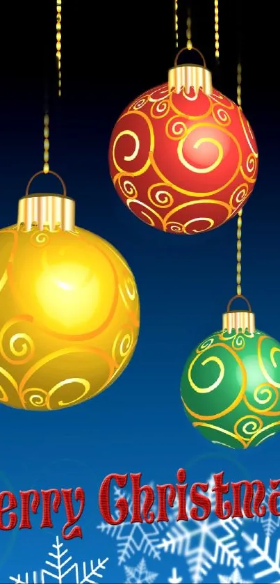 Colorful Christmas baubles on a dark blue background with snowflakes.