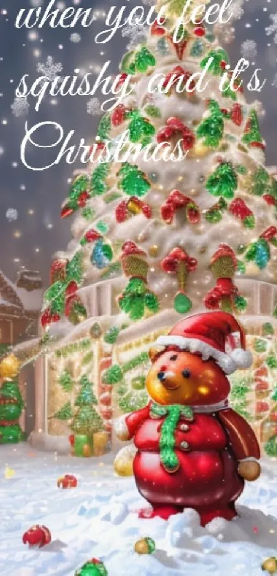 Cute bear in Christmas scenery with snow.