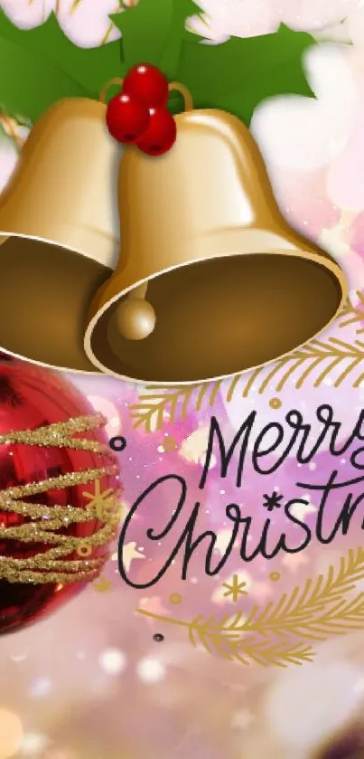 Golden bells and Merry Christmas text on festive wallpaper.