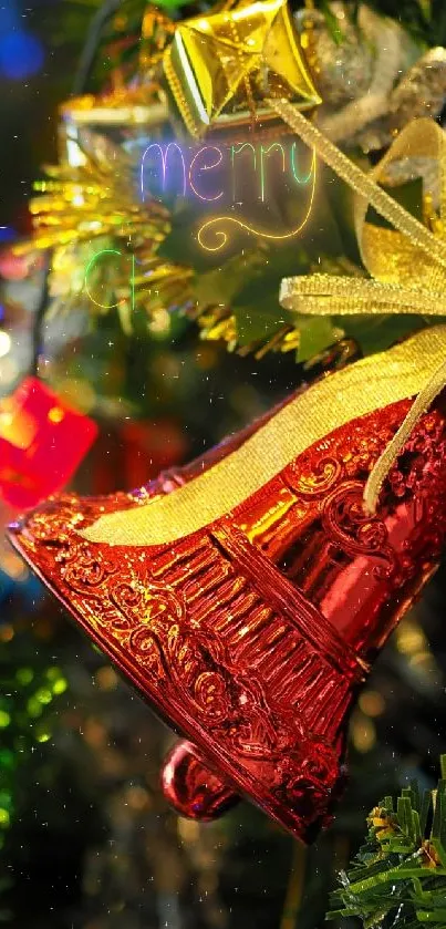 Colorful Christmas tree with red bells and vibrant lights.
