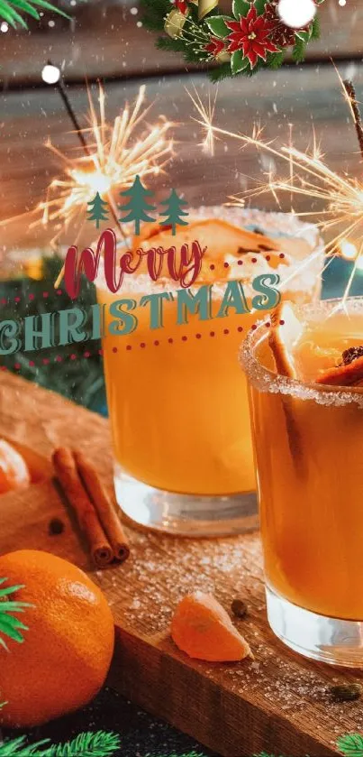 Festive Christmas drinks with sparklers and oranges on a wooden table.