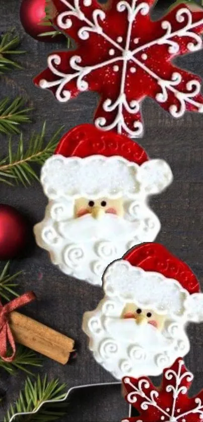 Festive wallpaper with branches and red ornaments.