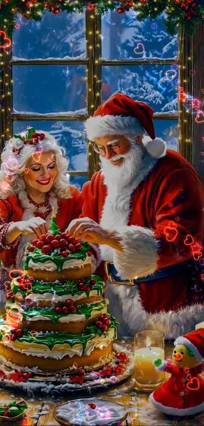 Santa and Mrs. Claus decorating a Christmas cake with festive lights.