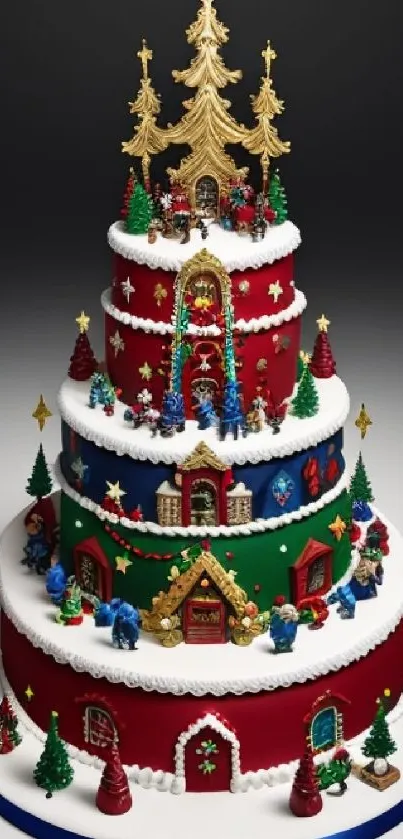 Layered Christmas cake with festive decorations and holiday figures.