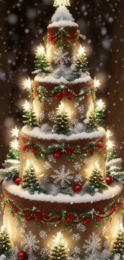 Snow-covered Christmas cake with lights and decorations.