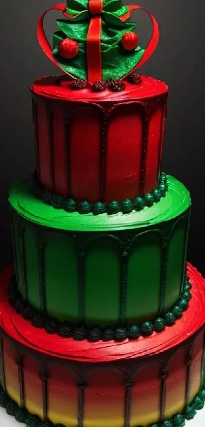 Three-tier red and green Christmas cake with festive decorations.