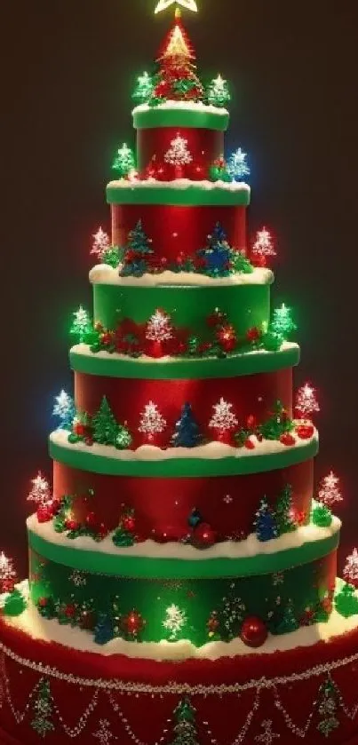 Festive Christmas cake with lights and decorations for wallpaper.