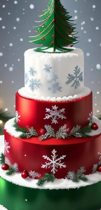 Three-tier Christmas cake with snowflakes and tree.