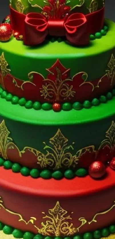 Festive cake with red and green layers adorned with gold accents.