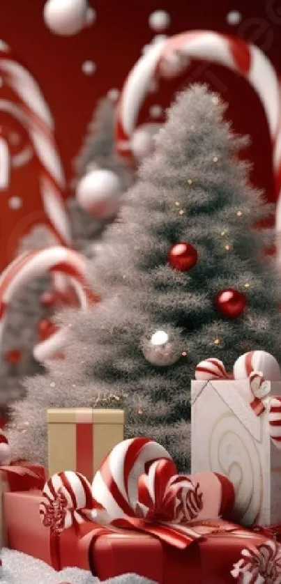 Christmas scene with candy canes, gifts, and snow-covered tree.