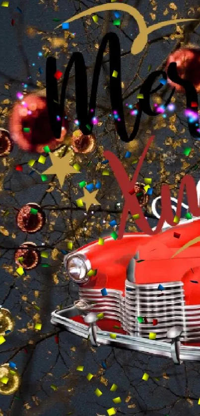 Festive wallpaper with red car and Christmas ornaments.