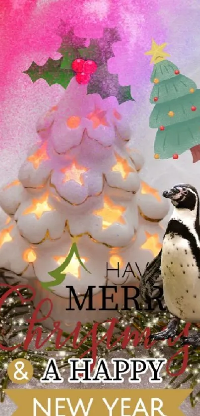 Festive Christmas wallpaper with tree, penguin, and decorative lights on a pink background.