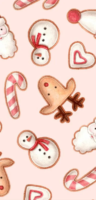 Festive Christmas wallpaper with Santa, reindeer, snowmen, and candy canes.