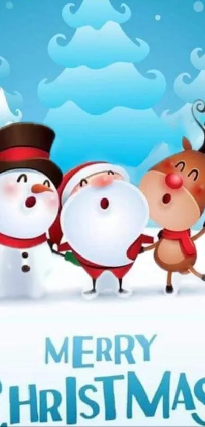 Cartoon Christmas scene with Santa, snowman, and reindeer in a snowy landscape.