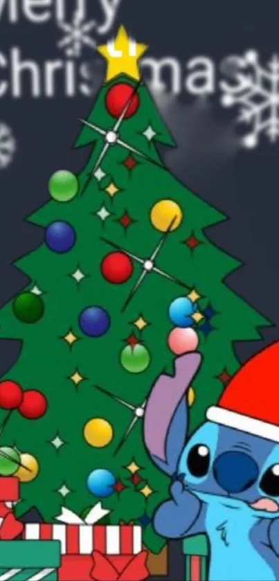 Cartoon character in Santa hat with Christmas tree and gifts.
