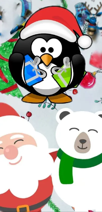 Cartoon Christmas wallpaper with penguin, Santa, and polar bear.