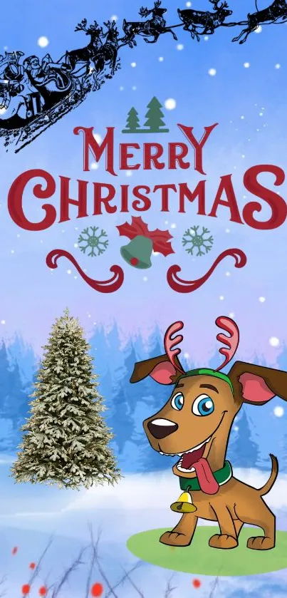 Festive mobile wallpaper featuring a cartoon dog and Christmas elements.