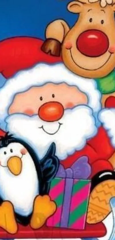 Santa, reindeer, and penguin on sled in a festive Christmas cartoon wallpaper.