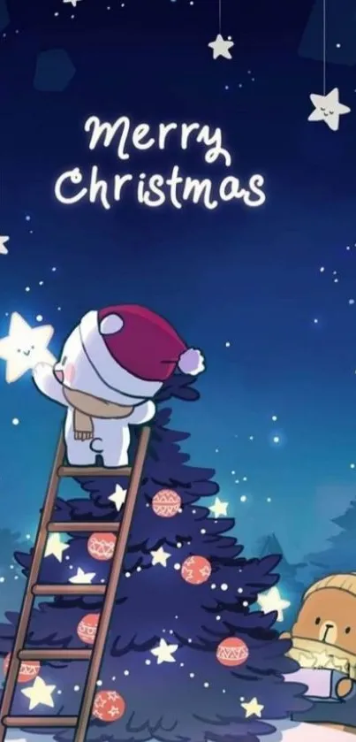 Cute Christmas cartoon wallpaper with stars and tree.