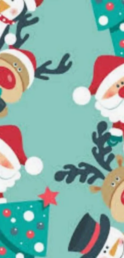 Festive Christmas cartoon wallpaper with Santa, snowmen, and reindeer.