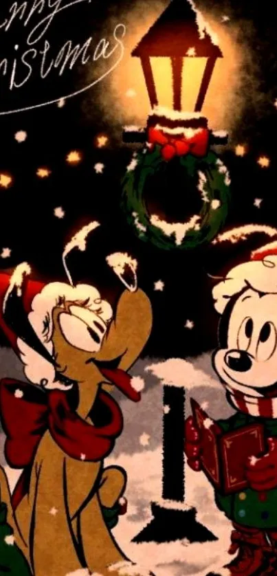 Animated Christmas scene with characters under a glowing lamp.