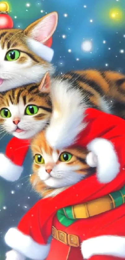 Cats in Santa outfits with Christmas decorations.