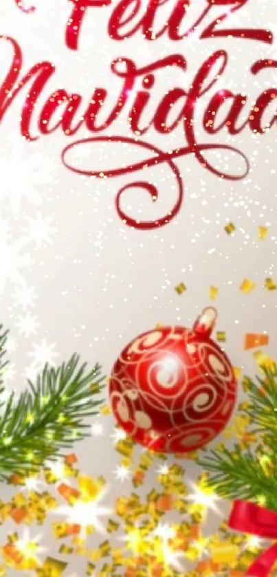 Colorful Christmas wallpaper with red ornaments and holiday greetings.