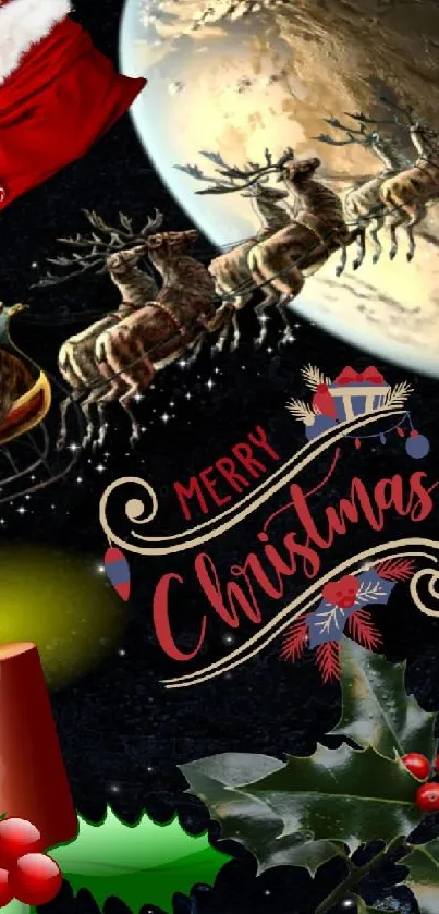 Christmas scene with Santa's sleigh flying over a planet.