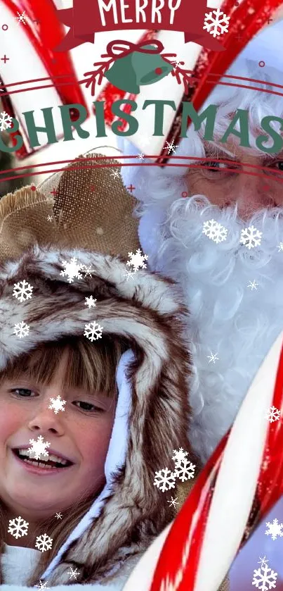 Festive Christmas scene with Santa and child surrounded by snowflakes.