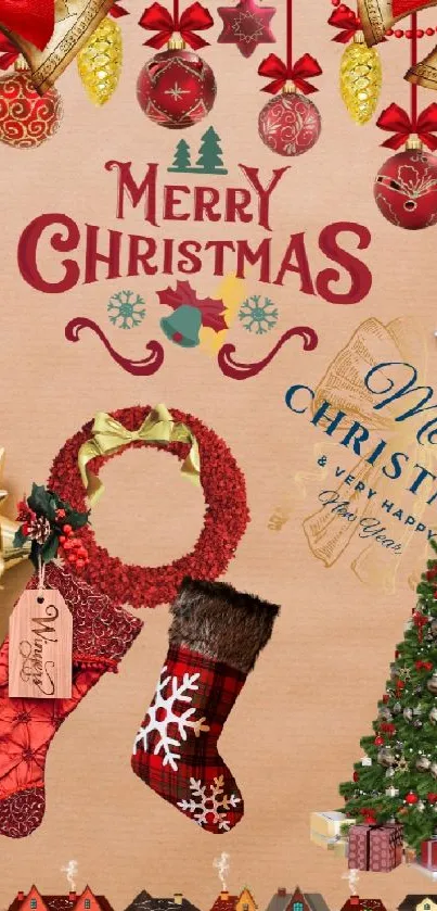 Festive Christmas wallpaper with decorations, a tree, and stockings.